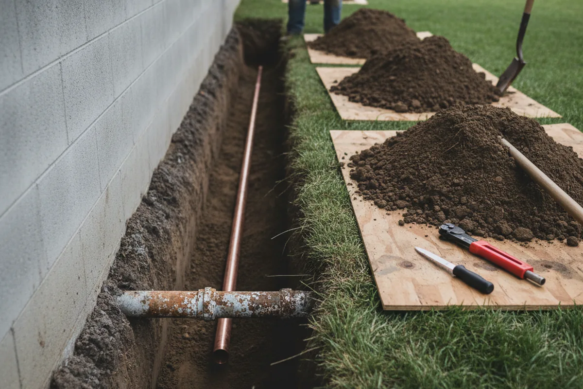 Excavated water line trench during Water Softener Installation in Oswego